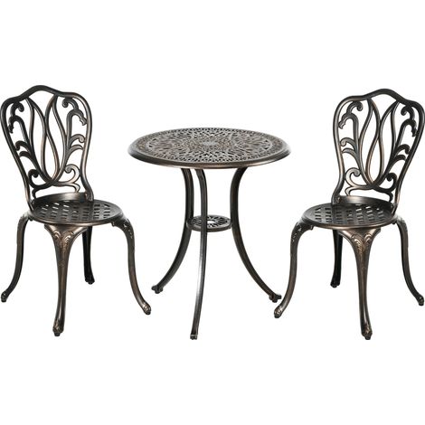 2-Sitzer-Gartenmöbelset, 2 Stühle + runder Retro-Tisch aus bronzefarbenem Aluminiumguss, charmanter Stil für die Gartenlounge im Freien.