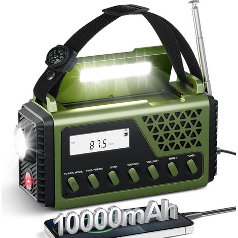 Radio Portable Vert, FM/AM/SW Radio Solaire Dynamo Manivelle avec 10000mAh Piles Rechargeables Boussole SOS Alarme Chargeur de Téléphone USB Lampe de Poche pour Cadeau Camping Kit Survie (1/5)