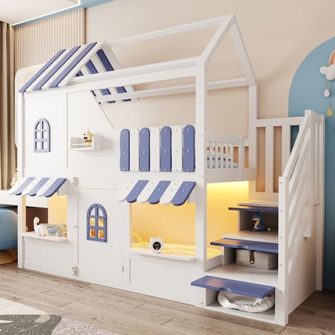 Etagenbett 90x200 cm aus Holz weiß/blau im Hausdesign mit LED, Stauraumleiter und Regalen (1/5)