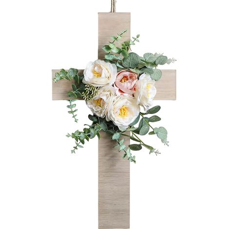 Easter Cross Decor - Tassel Pendant Wreath for Holiday Display Plywood with Silk Flowers Artificial Grass, Religious Centerpiece for Indoor Outdoor Home Porch Garden Fence Farmhouse (1/5)