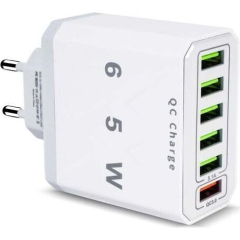 Multi-USB Charger, 65W 6-Port USB Fast Charger with QC 3.0 Smart Fast Charger, Universal USB-A Power Adapter Charger for 15 Pro Max, 14 Plus, 13, 12, 11, SE, XR, iPad, Samsung (1/4)