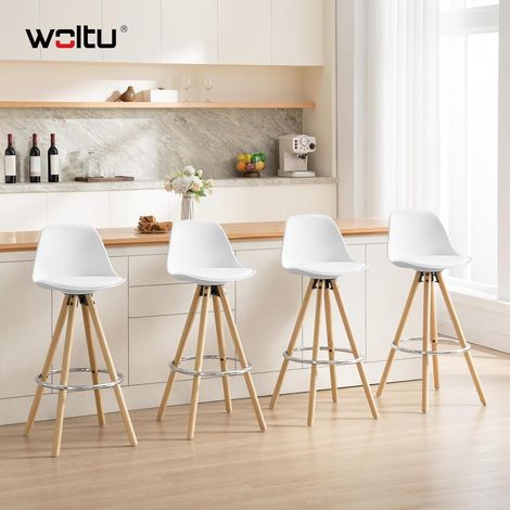 WOLTU 4X Taburete de Bar con Respaldo Marco de Madera Maciza Muebles Cocina Taburete Alto para Cocina Bar, Cuero Sintético, Blanco