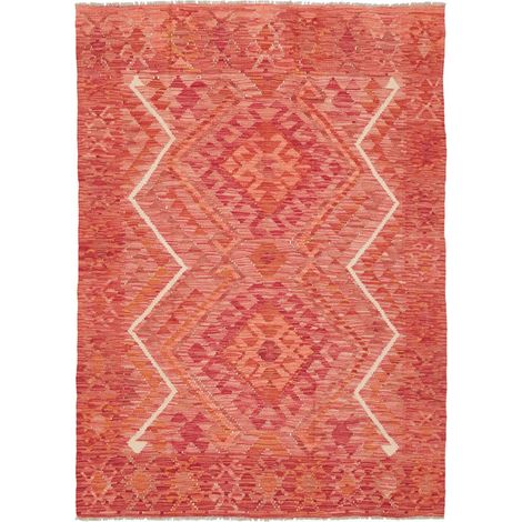Tapis kilim 126 x 178 cm, motif géométrique, rouge beige et orange, en laine naturelle, tissé plat artisanal (1/5)