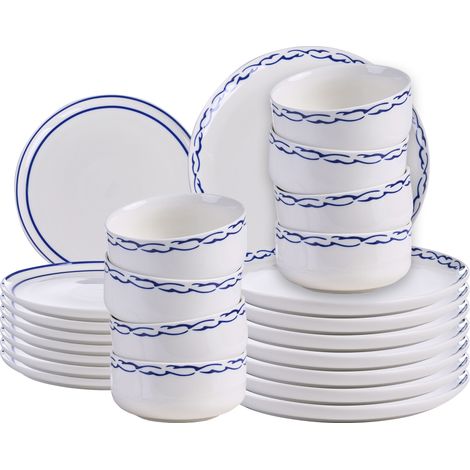 Vajilla de 24 piezas de porcelana acabado esmaltado con borde decorativo para 8 personas hecho a mano comedor cocina blanco y azul Amchur