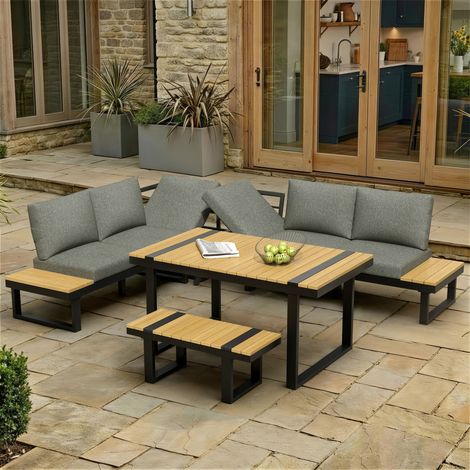REDOM Salotto da giardino ad angolo 6 posti 2 in 1, posizioni reclinabili, acciaio, poliestere, nero e grigio (1/5)