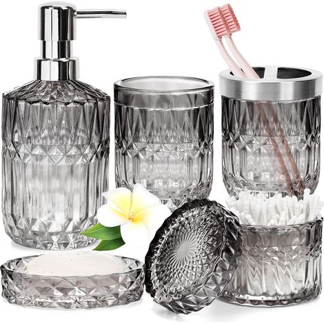Lot de 5 accessoires de salle de bain, distributeur de savon en verre, porte-brosse à dents, gobelet, porte-savon et pot de rangement, décoration moderne pour salle de bain et cuisine pour maximiser (1/5)