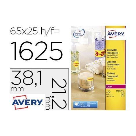 Etiqueta adhesiva avery tamaño 38,1x21,2 mm removible amarillo fluorescente caja de 1625 unidades