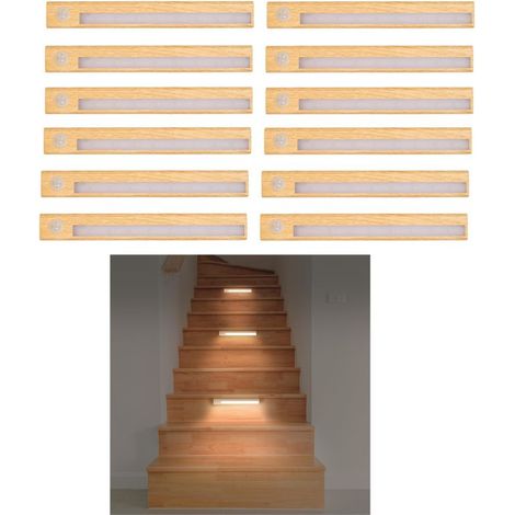 Lot de 12 Lampes LED Détecteur de Mouvement Effet Bois Magnétique Sans Fil 23,5 x 3 x 1,3 cm - Livraison gratuite