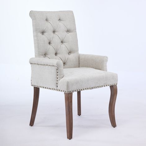 Chaise à manger d’accent beige en chenille rembourrée. Pieds bois massif courbés,style élégant pour salle à manger et cuisine. (1/5)