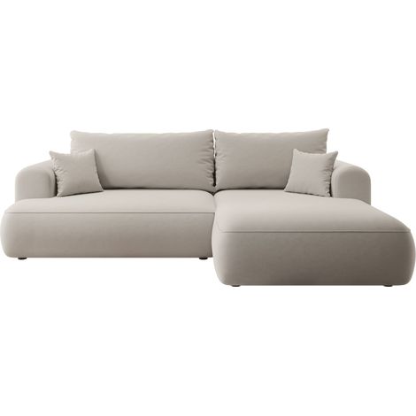 Selsey - Eckschlafsofa Ovo in L-Form aus hellbeigem Velours mit einem Behälter aus pflegeleichtem Stoff, rechte Seite