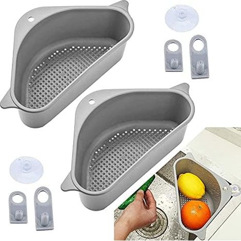 Ensemble de 2 pièces pour rangement d'évier de cuisine, panier d'égouttage, égouttoir à ventouses, étagère de rangement triangulaire, porte-éponge de cuisine, panier filtre, filtre à légumes/fruits/th (1/5)
