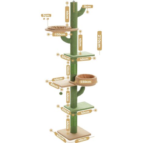Árbol rascador para gatos, torre de 5 niveles desde el suelo hasta el techo, 205-255 cm, poste rascador de sisal, hamaca, plataforma estable para jugar y descansar, AMT0246GN, como se muestra en la im (1/2)