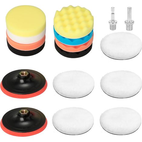 17 Pièces Kit de Polissage Voiture 125mm, Polissage Pad Éponge de Polissage Éponge Polir Kit, Pad et Disque avec Adaptateur M14 pour Perceuse - Tampon de Polissage en Laine