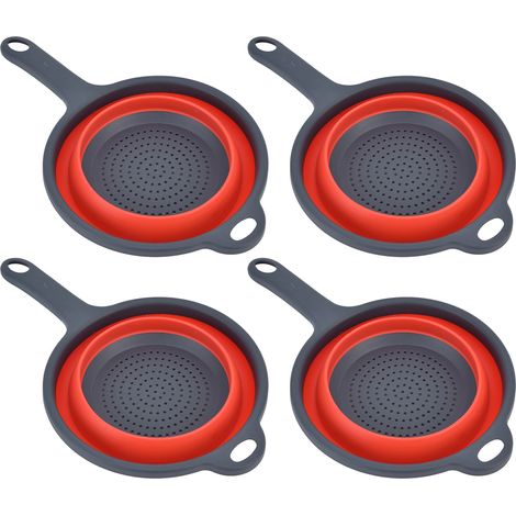 Lot de 4 passoires pliables rondes avec poignée et trou de suspension, pour pâtes, légumes et fruits (rouge). (1/5)