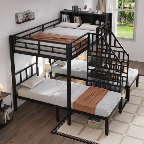 Cama litera con tres plazas, escalera con pasamanos, almacenamiento superior, 239x208x161 cm, negro, metal y madera (1/5)