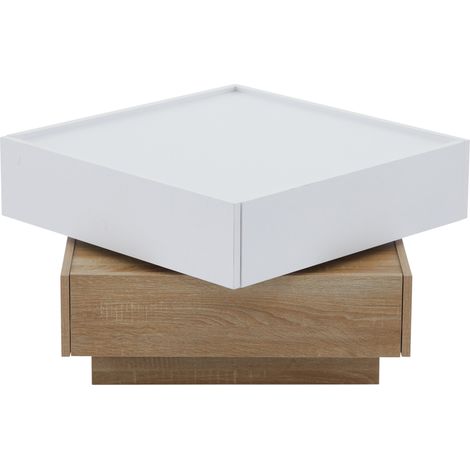 Mesa de centro giratoria 360° 60x60x38 cm blanca y nogal con 2 cajones (1/5)