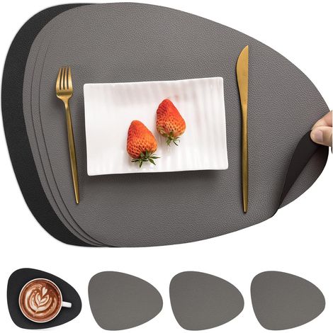 Set de table double face antidérapant, lavable et imperméable, gris et noir, lot de 4. (1/5)