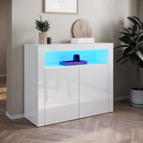 SONNI Aparador Blanco Brillo con Luz LED Regulable y 2 Puertas,Aparadores Modernos para Salon Cocina y Entrada Recibidor,Buffet Comedor (1/5)