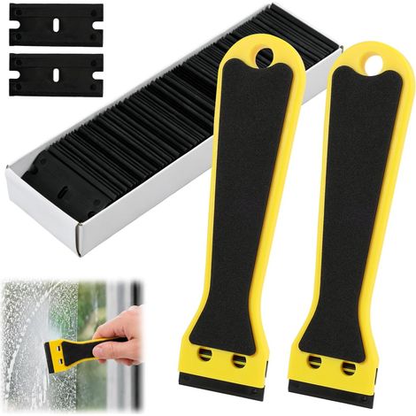2PCS Grattoir Plastique,avec 100 Lames de Rechange, Racleur Manuel à Long Manche avec Poignée Antidérapante en Mousse EVA, Outil Multifonction pour Enlever Colle, Autocollants, Débris et Peinture (1/5)