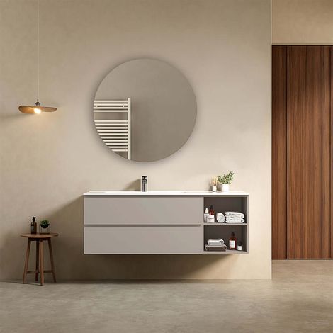Mobile bagno sospeso 140 cm Grigio Cenere Lavabo a Sinistra in Resina Specchio Tondo - Fiji Paint Plus (1/4)