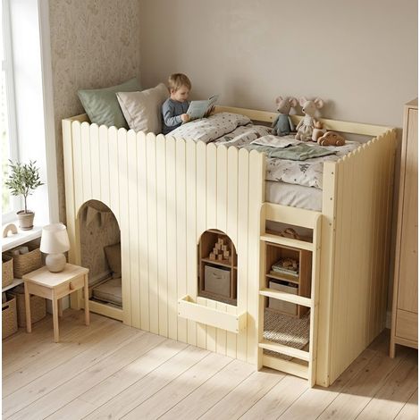 Letto a soppalco per bambini 90x200 cm con LED multicolore, scaletta dritta a 3 gradini, contenitore, legno naturale (1/5)
