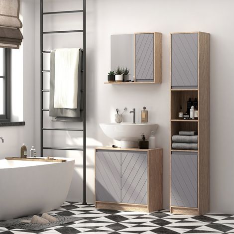 Meuble sous lavabo armoire de salle de bain au sol avec porte double et étagère réglable 60x30x59,8 cm chêne et gris