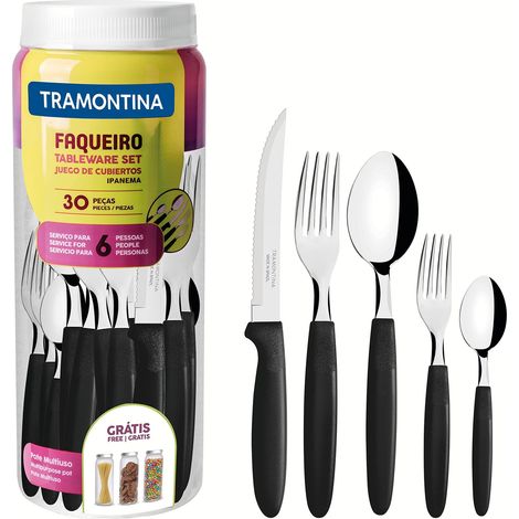 Tramontina 23398088 “Ipanema” - Set di posate da tavola per 6 persone, 30 pezzi, in acciaio inox, manico nero (1/4)