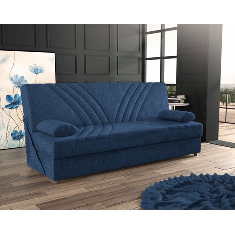 Dmora Sofá cama Ramon, Sofá cama contenedor de 3 plazas con 2 cojines incluidos, Sofá de salón en tela acolchada con apertura clic-clac, Cm 181x81h88, Azul, con embalaje reforzado (1/5)