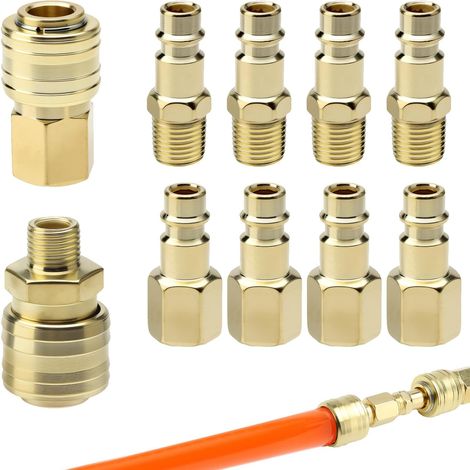 10 Pcs Or Raccords de compresseur, 1/4 BSP Raccord Rapide Pneumatique Européen d'Air Comprimé connecteur Homme Femme pour raccords flexibles compresseurs - (1/5)