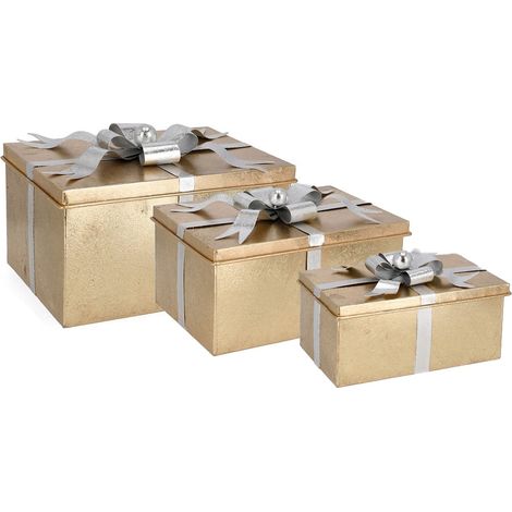 Pacchi regalo decorativi "Present" in metallo impilabili set da 3 -Argento (1/2)