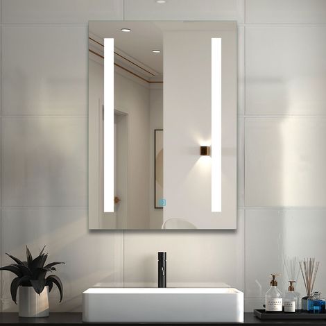 Bathroom LED Mirrors with Shaver Socket, Bathroom Mirror with 3 Colors Lights, Dimmable & Demister, Brightness Memory Function / Wall Switch / Touch Switch 500x700mm Horizontal / Vertical (1/5)