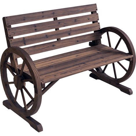 Outsunny – Banc de jardin 3 places en bois de sapin effet vieilli – Accoudoirs et roues de charette – Confort optimal – Charge max. 250 Kg