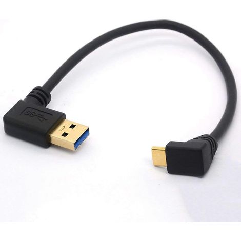 Câble adaptateur de conversion de données et de charge USB Type-C avec connecteur USB 3.0 mâle plaqué or de 25 cm et connecteur coudé à 90° (haut/bas). (1/5)