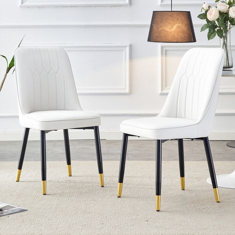 Lot 2 chaises blanches – Dossier rembourré PU blanc – Pieds métal noir – Salle à manger/Cuisine/Chambre (1/5)