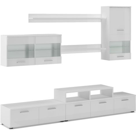 Skraut Home – Ensemble de meubles de salon contemporain – meuble bas TV avec éclairage LED – finition blanche mate et laquée – dimensions 250x194x42cm