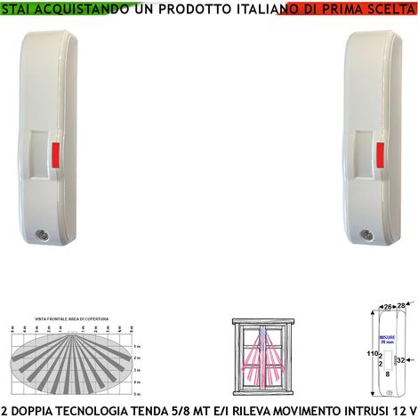 Doppia Tecnologia Tenda Infrarosso e Microonda Gatewatch Portata 5 MT 2 Pezzi Sensori Movimento Ladri Rampa Scala Coperto Rileva Intrusi Invia Allarme Alimen. 12 V Assorb. 10 mA Cover Bianca ABS IP44 (1/4)