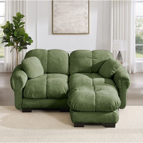 Divano a 2 posti 190x149x90 cm, modulare a L, cuscini trapuntati, con pouf mobile, chenille verde (1/5)