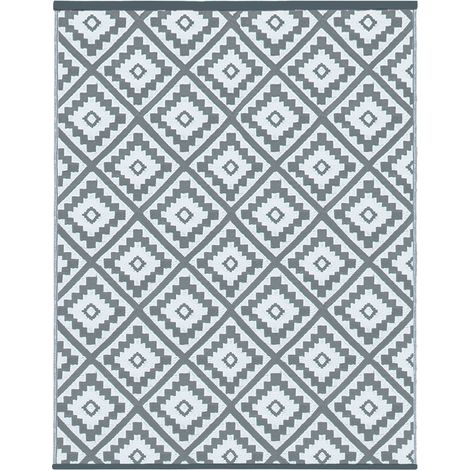 Idmarket – Tapis extérieur BAHAMAS gris 270 x 370 cm – 100% polypropylène – Densité 350 gr/m² – Résistant aux UV – Motifs géométriques gris anthracite et blanc