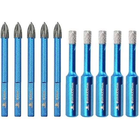 1 x 1/4" Diamond Drill Bit Set x 5 Diamond Cut Saw and 5 x Carbide Drill Bits with Triangle Shank for Porcelain, Tile, Ceramic, Stone, (1/5)