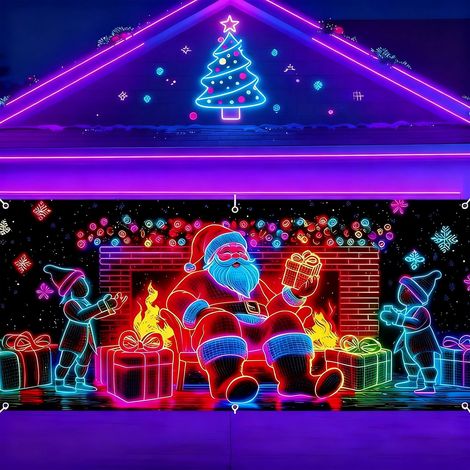Bannière De Porte De Garage De Noël - 13 X 6 Pies - Effet Phosphorescent Activé Par UV - Motif Père Noël Et Elfes - Pour Décoration Intérieure Et Extérieure - 1 Pièce
