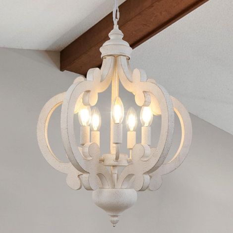 1 Lustre Suspension Bois Fer 5 Lumières Blanc Vieilli Hauteur Réglable Intérieur Salle à Manger