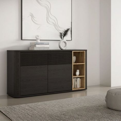 Madia Origin Core con 2 cassetti e 2 ante colore nero e nicchie a giorno con dettaglio rovere