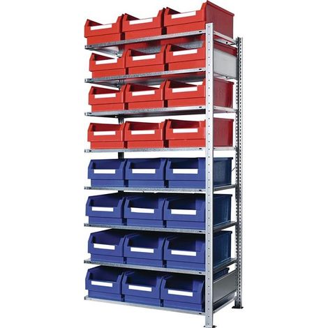 Steckregal H2000xB1000xT500mm Anbauregal 8 Stahlböden 12 x Gr. 2 blau, 12 x Gr. 2 rot
