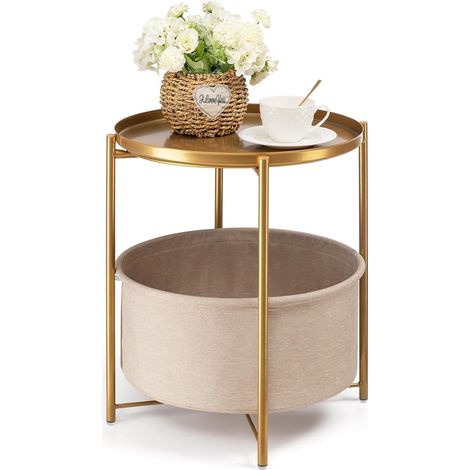 Table d'appoint Ronde en Métal - Petite Table de Chevet avec Panier de Rangement en Tissu - Plateau pour Salon, Chambre à Coucher, Chambre d'enfant, Linge - Doré (1/5)