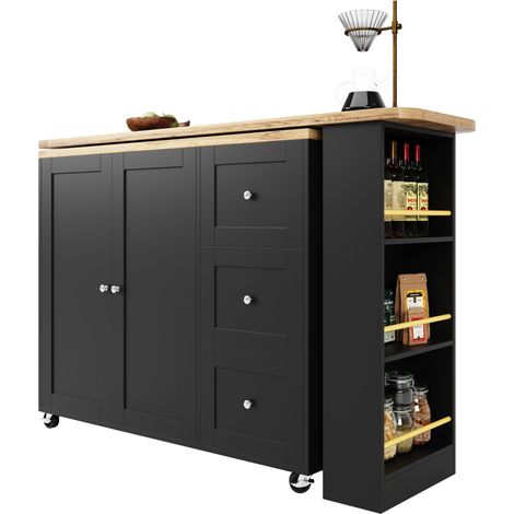 Îlot de rangement multifonctionnel sur roulettes, table pivotante à 360° (135-203 x 39 x 106 cm), noir, avec 3 tiroirs et porte-collations. Idéal pour cuisine et salon. (1/5)