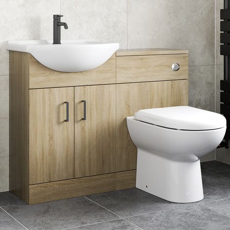 1050mm Bathroom Toilet Vanity Unit Combination Basin Sink Furniture Oak Effect (1/5)