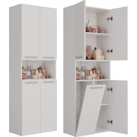 Columna de estante para mueble de baño, color blanco mate con cesta - Universal y funcional (1/5)