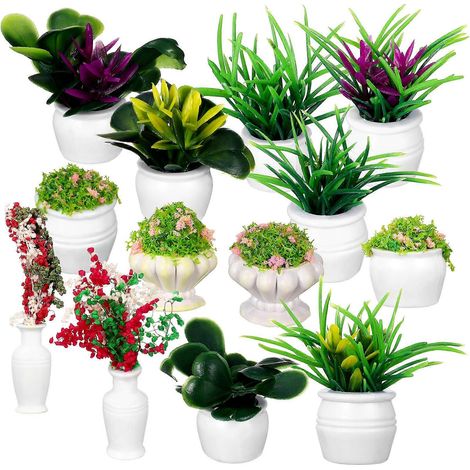13 plantes miniatures pour maison de poupée, bonsaïs, mini plantes en pot, décorations de verdure artificielle. (1/5)