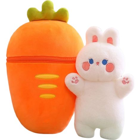 1 peluche réversible carotte-fraise, transformable en lapin, coussin décoratif moelleux, idéal pour canapé ou chambre (1/5)