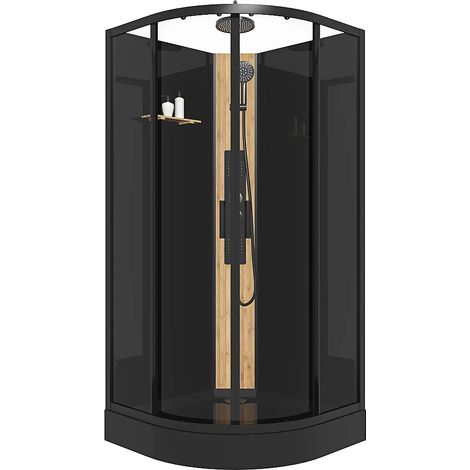Vente-Unique – Cabine de douche hydromassante quart de cercle – Panneau en bambou noir – 90x90x225 cm – Jets massants et pluie – Installation réversible (1/5)